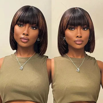 Black Brown Highlight Layered Cut Yaki Straight Short Bob Wigs Put On and Go Wig with Bangs Human Hair Wigs