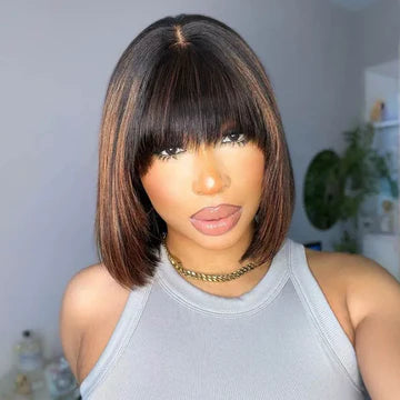 Black Brown Highlight Layered Cut Yaki Straight Short Bob Wigs Put On and Go Wig with Bangs Human Hair Wigs