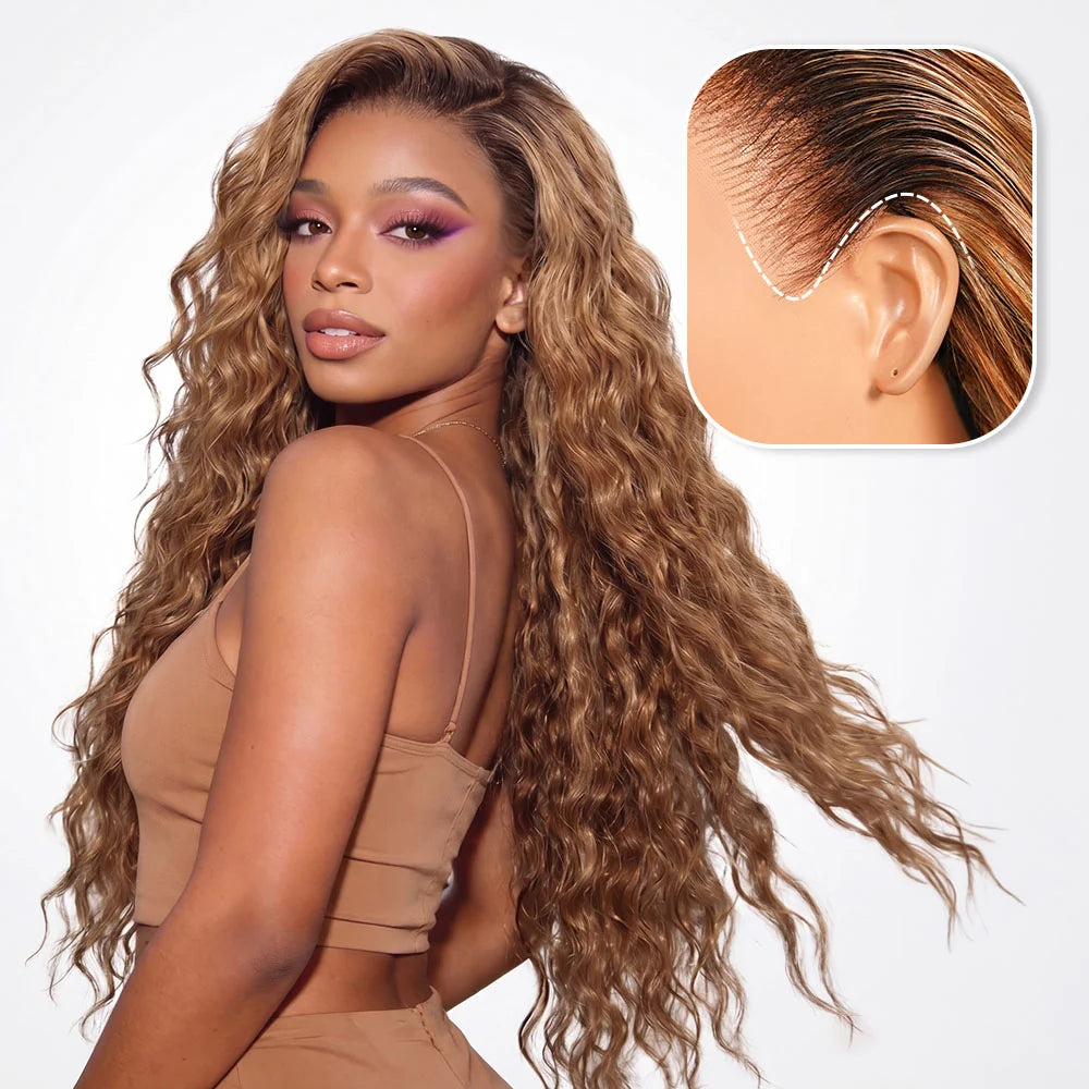 13x6 Three-Go™ Bohemian Natural Curl Highlight Honey Blonde Glueless Wigs With Drawstring 100% Human Hair Wig