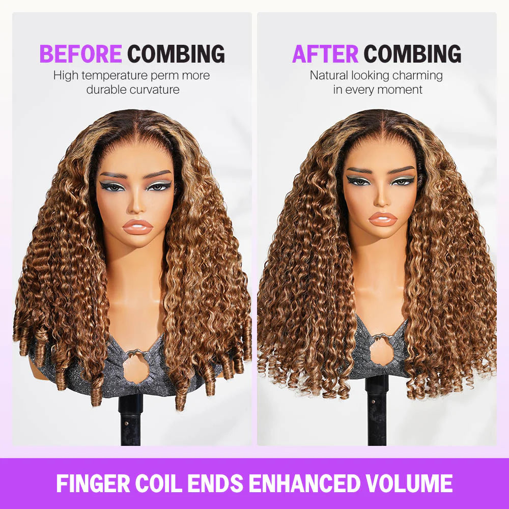 Honey Blonde Highlight Water Wave Pull & Go 13x6 Lace Frontal Tiny Knots Glueless Wig Deep Curly Human Hair