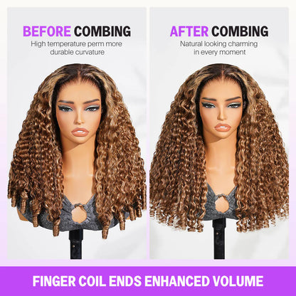 Honey Blonde Highlight Water Wave Pull & Go 13x6 Lace Frontal Tiny Knots Glueless Wig Deep Curly Human Hair