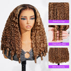 Honey Blonde Highlight Water Wave Pull & Go 13x6 Lace Frontal Tiny Knots Glueless Wig Deep Curly Human Hair