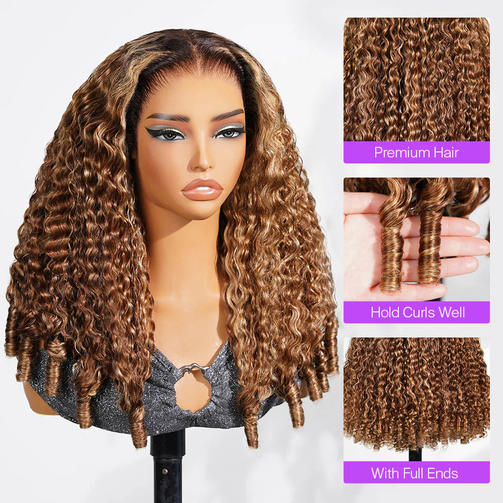 Honey Blonde Highlight Water Wave Pull & Go 13x6 Lace Frontal Tiny Knots Glueless Wig Deep Curly Human Hair