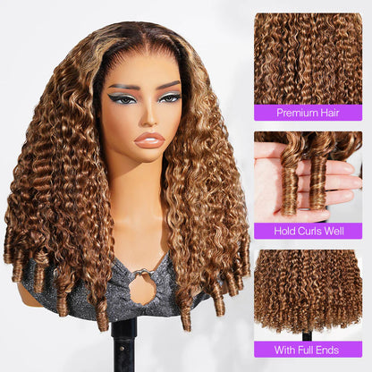 Honey Blonde Highlight Water Wave Pull & Go 13x6 Lace Frontal Tiny Knots Glueless Wig Deep Curly Human Hair