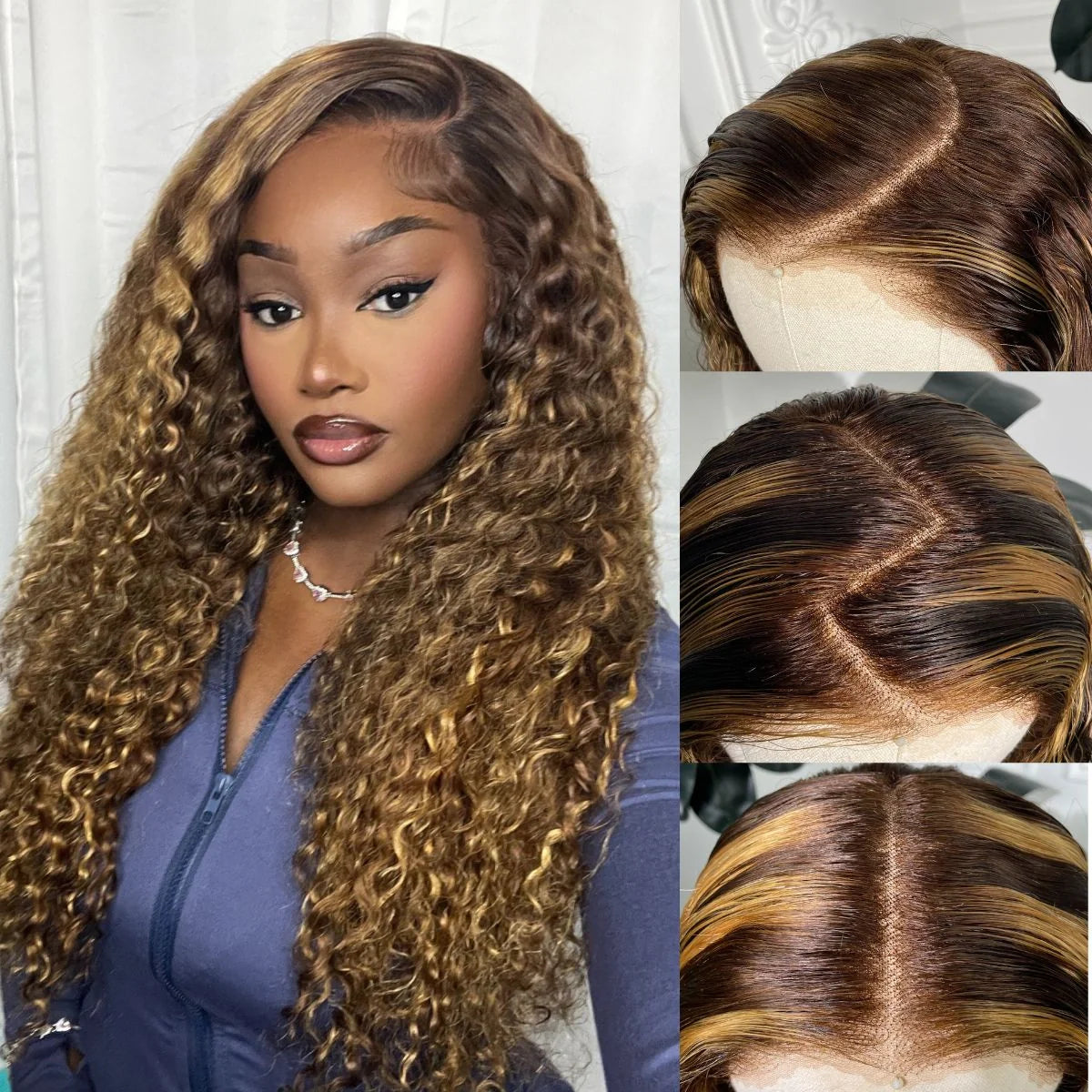 Honey Blonde Highlight Water Wave Pull & Go 13x6 Lace Frontal Tiny Knots Glueless Wig Deep Curly Human Hair
