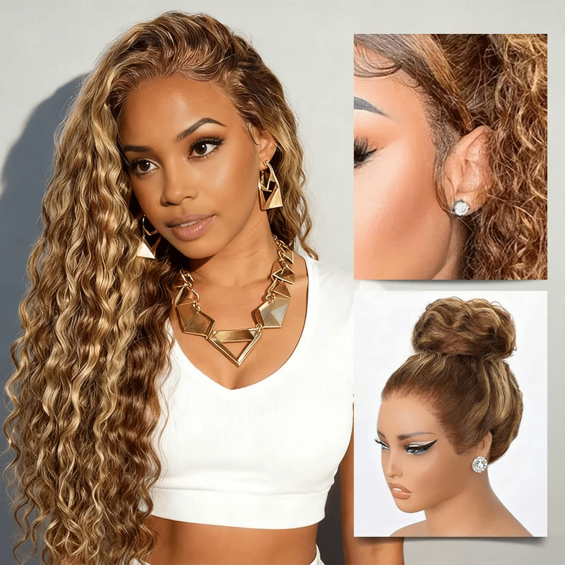 Honey Blonde Highlight Water Wave Pull & Go 13x6 Lace Frontal Tiny Knots Glueless Wig Deep Curly Human Hair