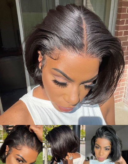 BOO 100%human hair  200% Density 10-16 Inch Short Bob Wig Human Hair Glueless 13x4 Straight HD Lace Front Wigs Straight Bob Lace Front Wigs for Women Natural black Glueless Wig Human Hair Invisible Lace Front Wig