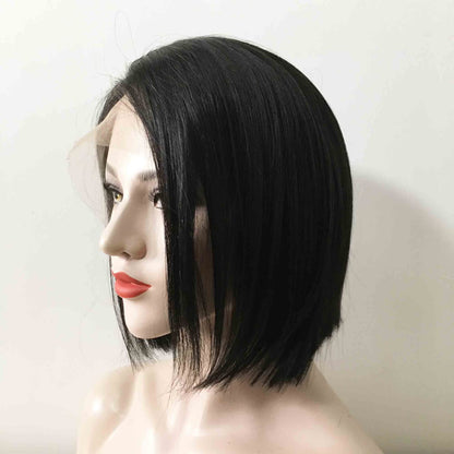 Women Black Lace Front Natural Brazilian Real Human Hair Short Straight Bob Style Side Part Wig 8 inches