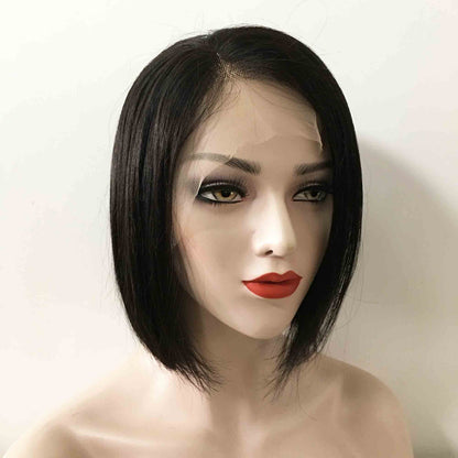 Women Black Lace Front Natural Brazilian Real Human Hair Short Straight Bob Style Side Part Wig 8 inches