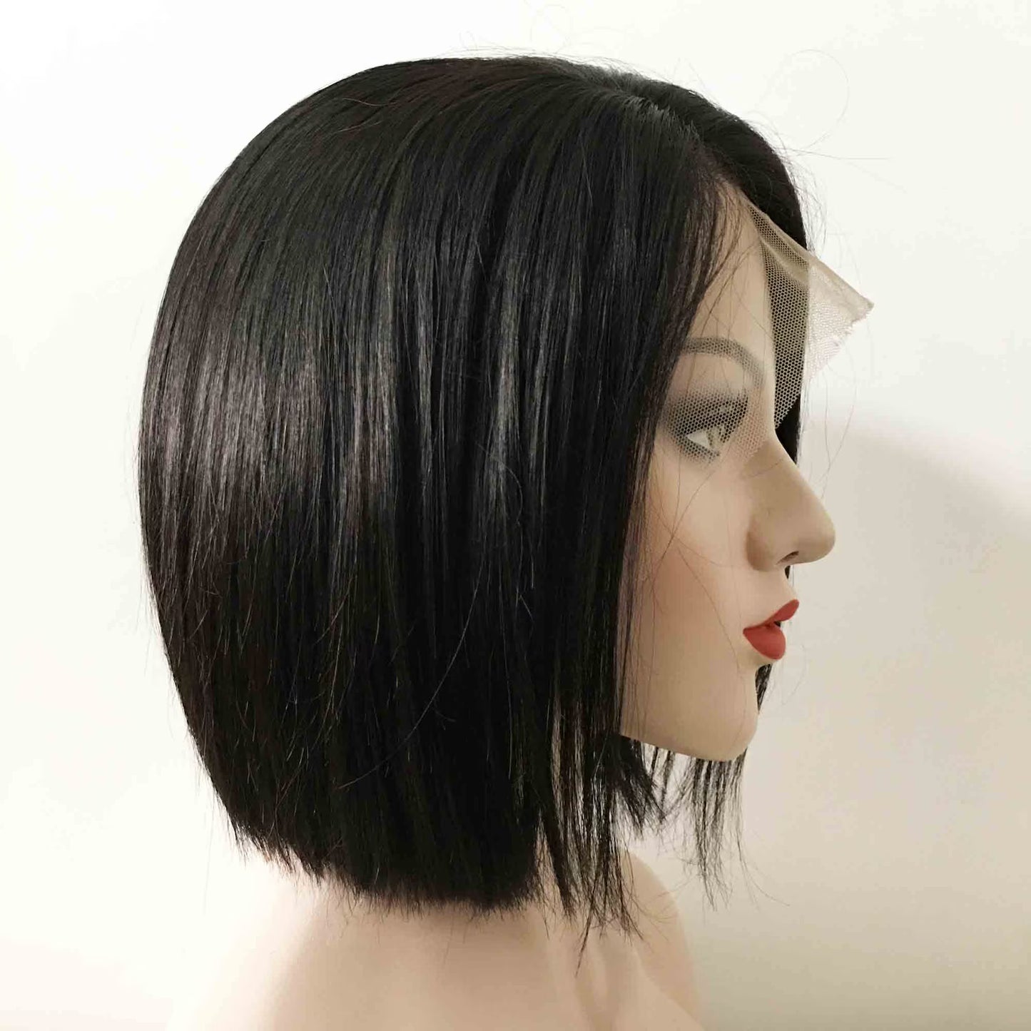 Women Black Lace Front Natural Brazilian Real Human Hair Short Straight Bob Style Side Part Wig 8 inches