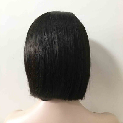 Women Black Lace Front Natural Brazilian Real Human Hair Short Straight Bob Style Side Part Wig 8 inches