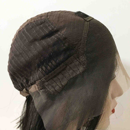 Women Black Lace Front Natural Brazilian Real Human Hair Short Straight Bob Style Side Part Wig 8 inches