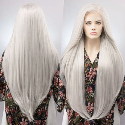 Long Straight Icy Silver White Lace Front Wig 32" Heat Resistant Wig