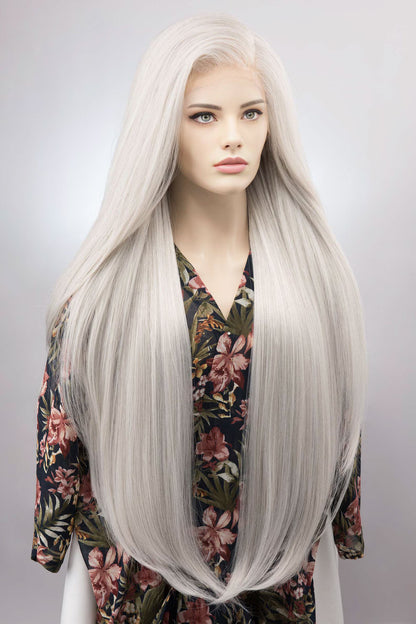 Long Straight Icy Silver White Lace Front Wig 32" Heat Resistant Wig