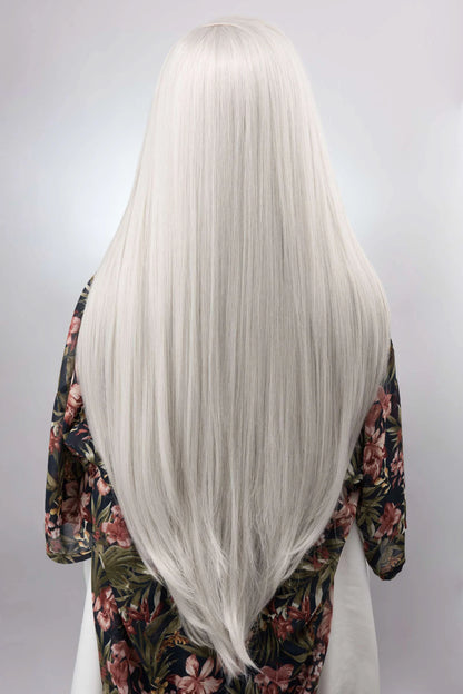 Long Straight Icy Silver White Lace Front Wig 32" Heat Resistant Wig
