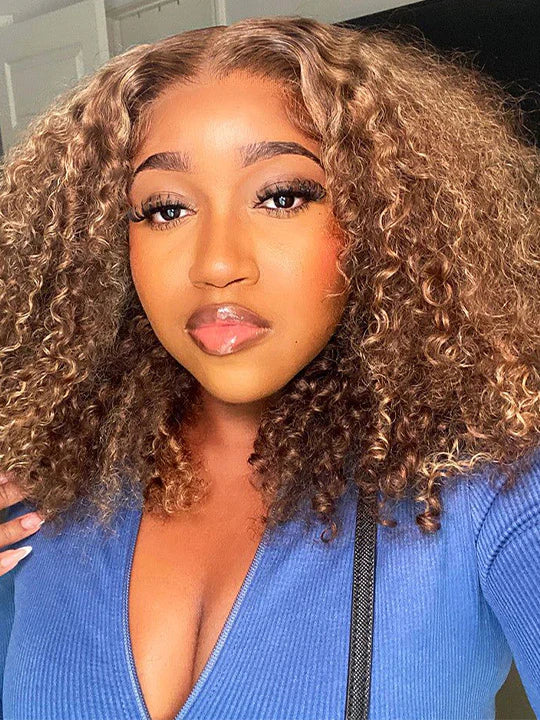 Honey Blonde Short Kinky Curly Wear Go Glueless Wigs Human Hair Highlight Bob Wig 180 Density Ombre Pre Cut Transparent Lace Wigs
