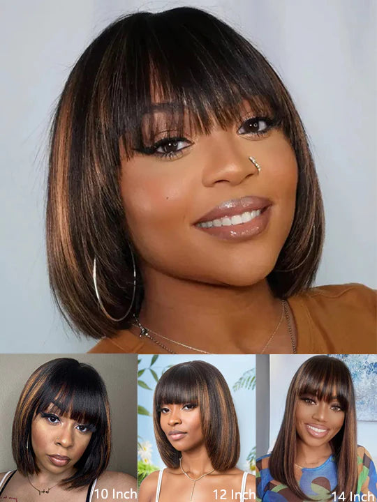 Black Brown Highlight Layered Cut Yaki Straight Short Bob Wigs Put On and Go Wig with Bangs Human Hair Wigs