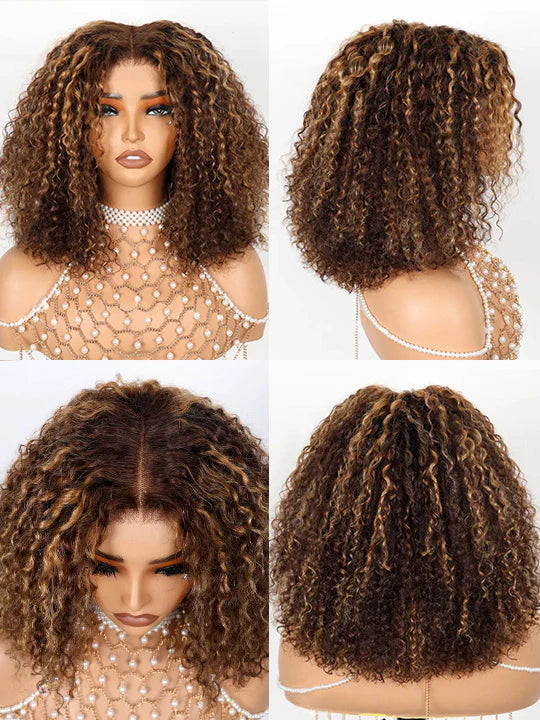 Honey Blonde Short Kinky Curly Wear Go Glueless Wigs Human Hair Highlight Bob Wig 180 Density Ombre Pre Cut Transparent Lace Wigs