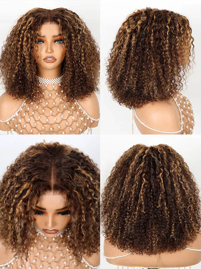 Honey Blonde Short Kinky Curly Wear Go Glueless Wigs Human Hair Highlight Bob Wig 180 Density Ombre Pre Cut Transparent Lace Wigs
