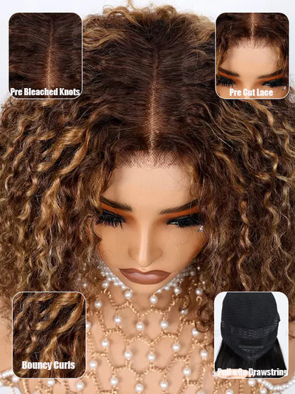 Honey Blonde Short Kinky Curly Wear Go Glueless Wigs Human Hair Highlight Bob Wig 180 Density Ombre Pre Cut Transparent Lace Wigs