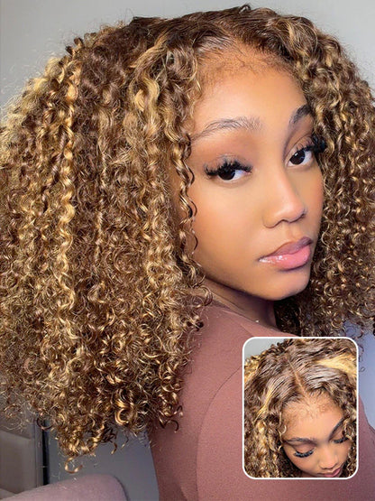 Honey Blonde Short Kinky Curly Wear Go Glueless Wigs Human Hair Highlight Bob Wig 180 Density Ombre Pre Cut Transparent Lace Wigs