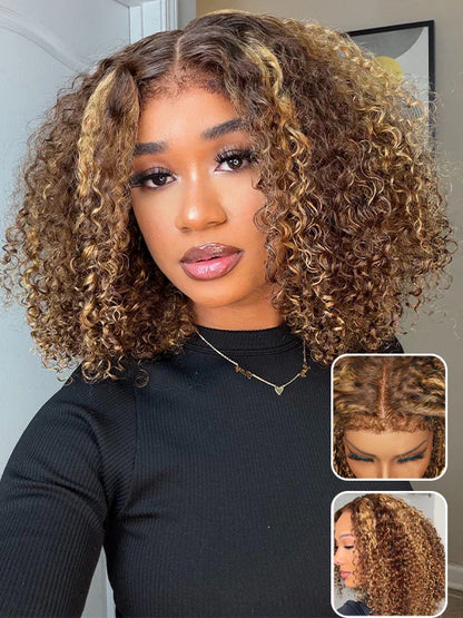 Honey Blonde Short Kinky Curly Wear Go Glueless Wigs Human Hair Highlight Bob Wig 180 Density Ombre Pre Cut Transparent Lace Wigs