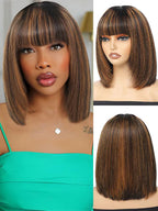 Black Brown Highlight Layered Cut Yaki Straight Short Bob Wigs Put On and Go Wig with Bangs Human Hair Wigs