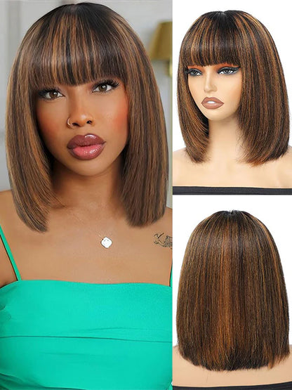 Black Brown Highlight Layered Cut Yaki Straight Short Bob Wigs Put On and Go Wig with Bangs Human Hair Wigs