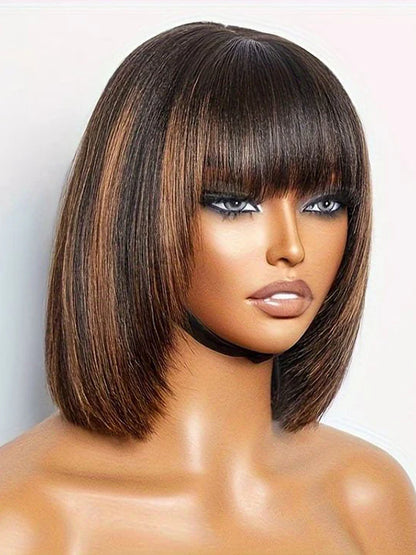 Black Brown Highlight Layered Cut Yaki Straight Short Bob Wigs Put On and Go Wig with Bangs Human Hair Wigs