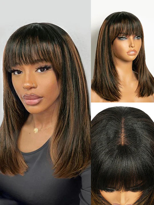 Black Brown Highlight Layered Cut Yaki Straight Short Bob Wigs Put On and Go Wig with Bangs Human Hair Wigs