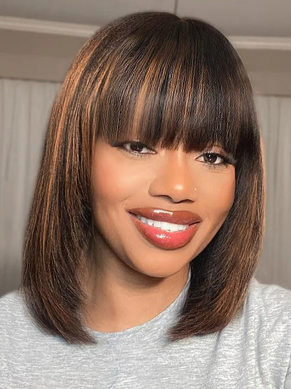 Black Brown Highlight Layered Cut Yaki Straight Short Bob Wigs Put On and Go Wig with Bangs Human Hair Wigs