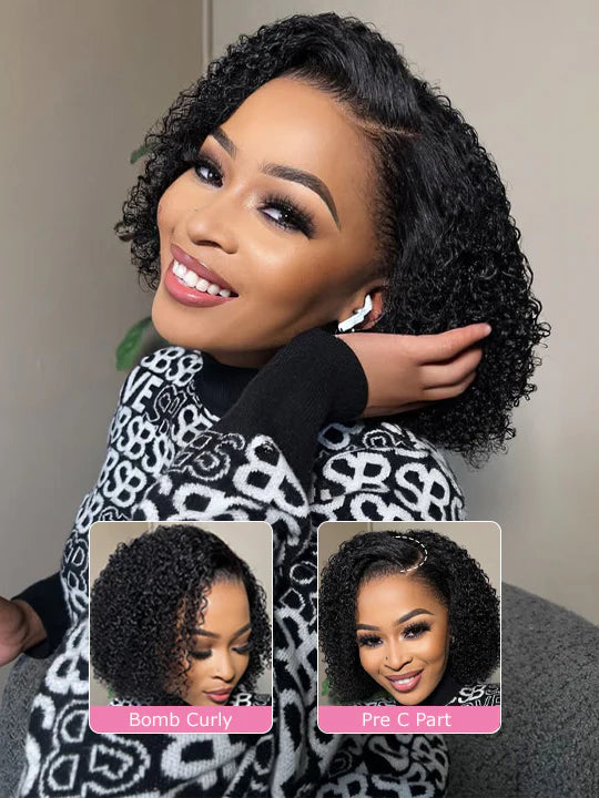 Trendy Short Cut Curly Minimalist Pre-Cut HD Lace Glueless Side Part Frontal Bob Wig  Human Hair 150% Density