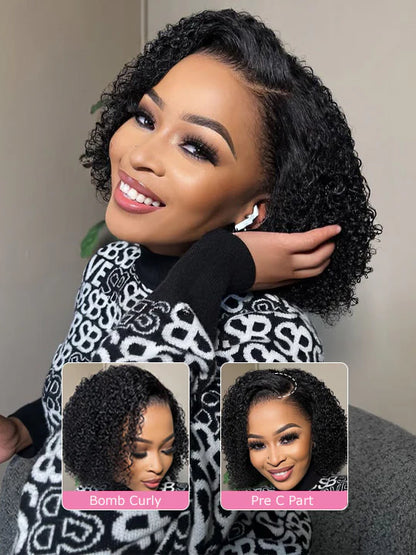 Trendy Short Cut Curly Minimalist Pre-Cut HD Lace Glueless Side Part Frontal Bob Wig  Human Hair 150% Density