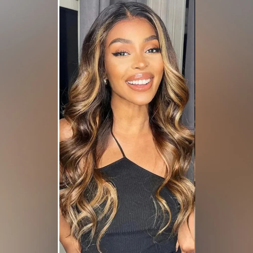 13x6 Ombre Blonde Highlight Brown Body Wave HD Lace Closure Wig 180% Density Wear Go Human Hair