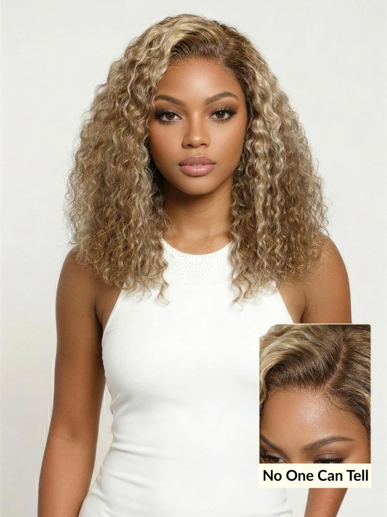 7x5 Pre Cut Honey Blonde Highlights Sun-kissed Hair Shoulder-length Glueless Curly Bob Wig Put On and Go 180% Density