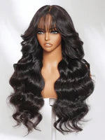 Boohair 7x5 Bye Bye Knots 13x4 Lace Fluffy Loose Body Wave Lace Frontal Wig with Bangs Pre everything Put On and Go Human Hair Glueless  Wigs 180% Density
