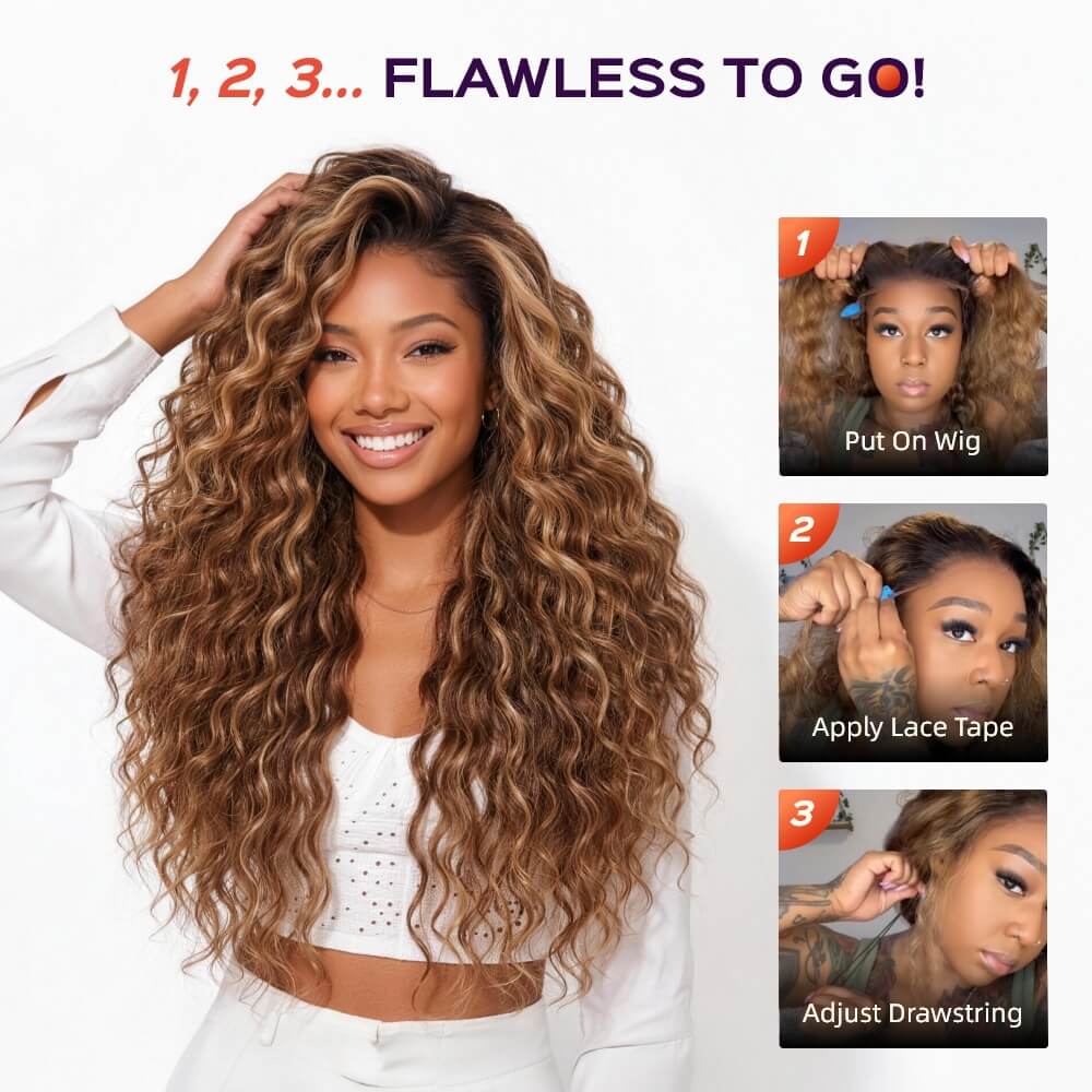 13x6 Three-Go™ Bohemian Natural Curl Highlight Honey Blonde Glueless Wigs With Drawstring 100% Human Hair Wig