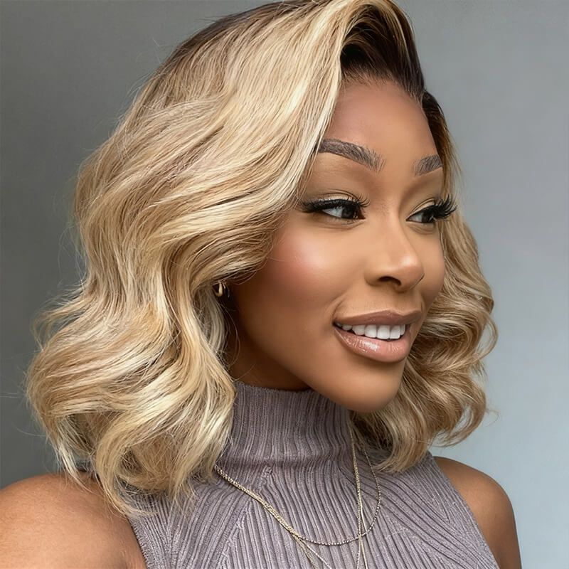 13x4 Lace Front Wigs Human Hair invisible knots Glueless Loose Body Wave Bob Wig Pre-cut Lace Brown Blonde Ombre Beginner Friendly