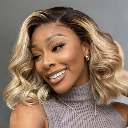 13x4 Lace Front Wigs Human Hair invisible knots Glueless Loose Body Wave Bob Wig Pre-cut Lace Brown Blonde Ombre Beginner Friendly