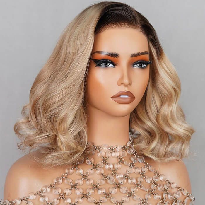 13x4 Lace Front Wigs Human Hair invisible knots Glueless Loose Body Wave Bob Wig Pre-cut Lace Brown Blonde Ombre Beginner Friendly