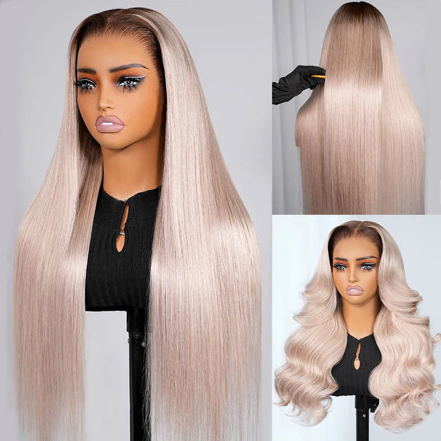 13x6 Three-Go™ Ash Blonde Ombre Glueless Wigs Silky Straight Loose Body Wave With Drawstring Pre Plucked 100% Human Hair Wig
