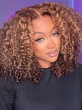 Honey Blonde Short Kinky Curly Wear Go Glueless Wigs Human Hair Highlight Bob Wig 180 Density Ombre Pre Cut Transparent Lace Wigs