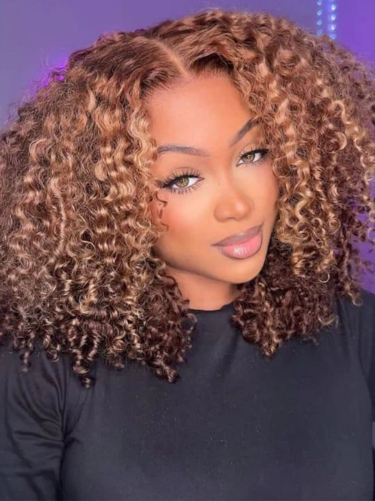Honey Blonde Short Kinky Curly Wear Go Glueless Wigs Human Hair Highlight Bob Wig 180 Density Ombre Pre Cut Transparent Lace Wigs