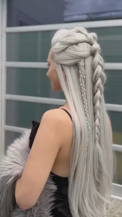 Long Straight Icy Silver White Lace Front Wig 32" Heat Resistant Wig