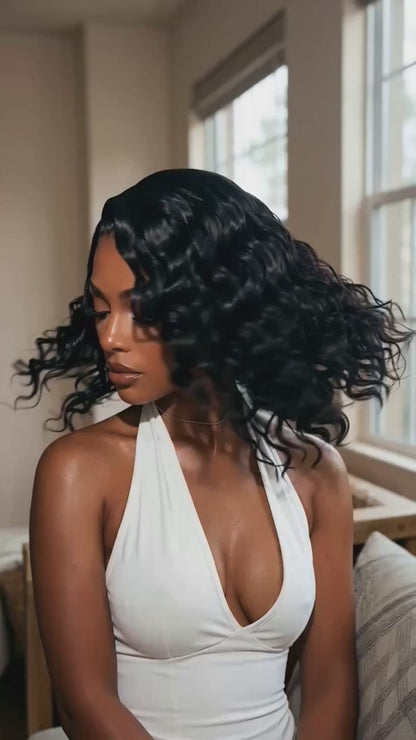6X4 Glueless Lace "C" Side Part Water Wave Bob Wig 220% Density Drawstring Ready To Wear Short Curly Friendly For Beginners