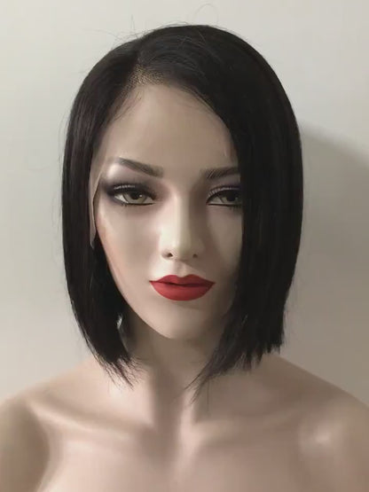 Women Black Lace Front Natural Brazilian Real Human Hair Short Straight Bob Style Side Part Wig 8 inches