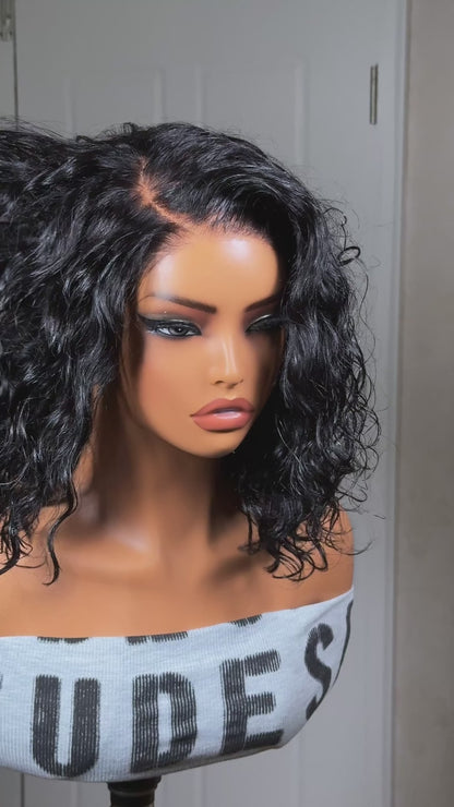 6X4 Glueless Lace "C" Side Part Water Wave Bob Wig 220% Density Drawstring Ready To Wear Short Curly Friendly For Beginners