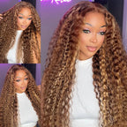 Honey Blonde Highlight Water Wave Pull & Go 13x6 Lace Frontal Tiny Knots Glueless Wig Deep Curly Human Hair