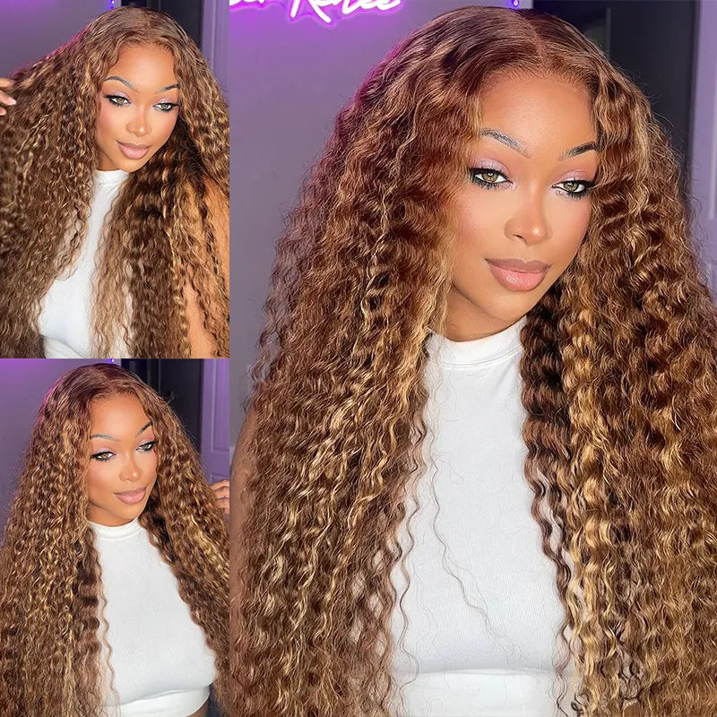 Honey Blonde Highlight Water Wave Pull & Go 13x6 Lace Frontal Tiny Knots Glueless Wig Deep Curly Human Hair