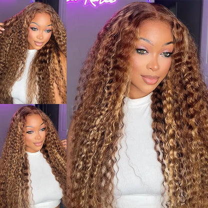Honey Blonde Highlight Water Wave Pull & Go 13x6 Lace Frontal Tiny Knots Glueless Wig Deep Curly Human Hair